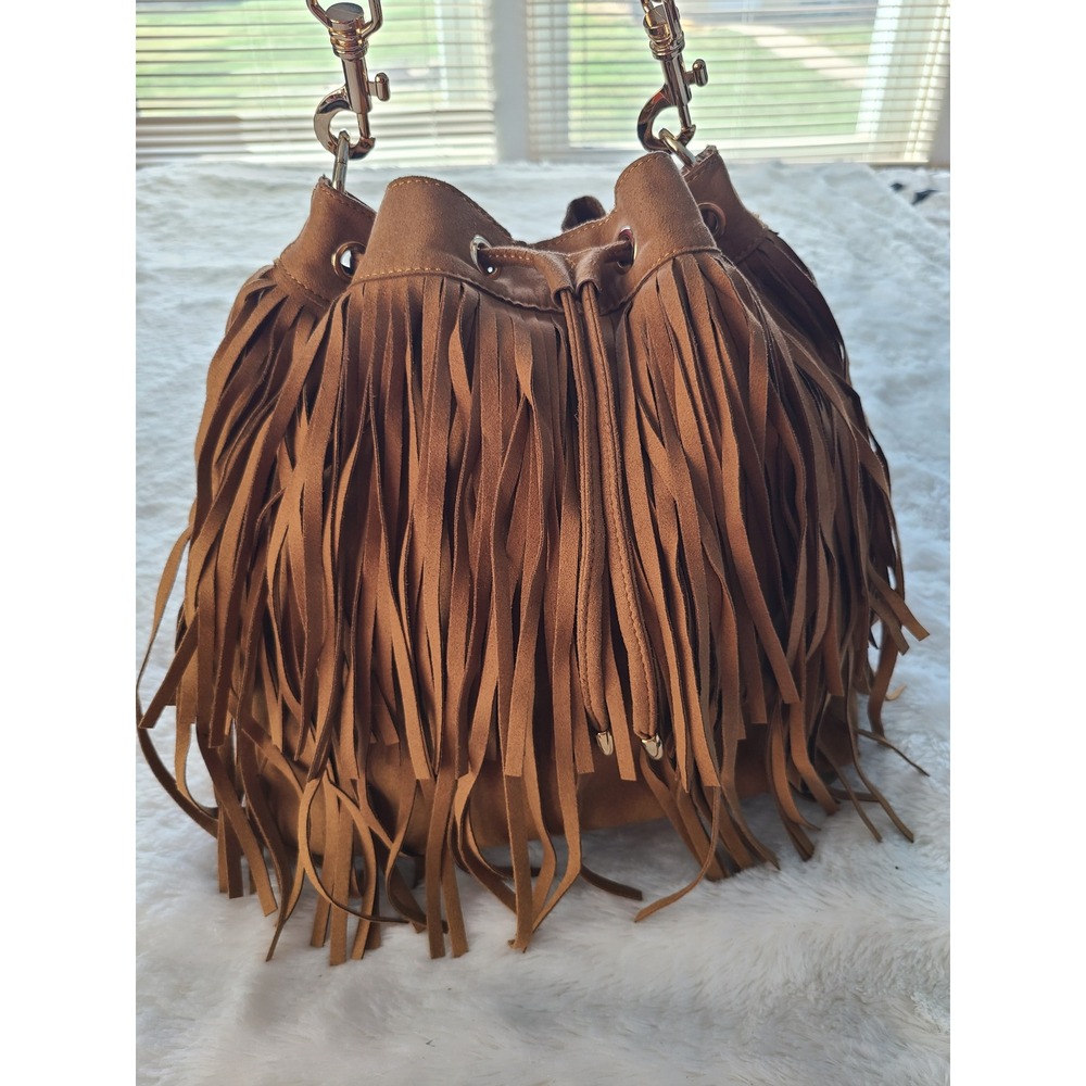 Deux Lux Tan Faux Suede Fringe Bucket Bag Hobo Drawstring Gold Hardware